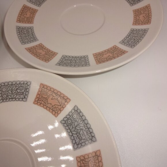 3 Vintage Kokura Ware Milan Cream Saucers Birds Houses Peach Gray 2106 Japan - Picture 2 of 4